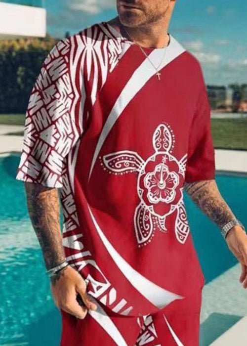 New Red O Neck Print Cotton Men Two Pieces Set Summer