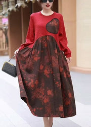 New Red O Neck Print Patchwork Cotton Long Dress Winter