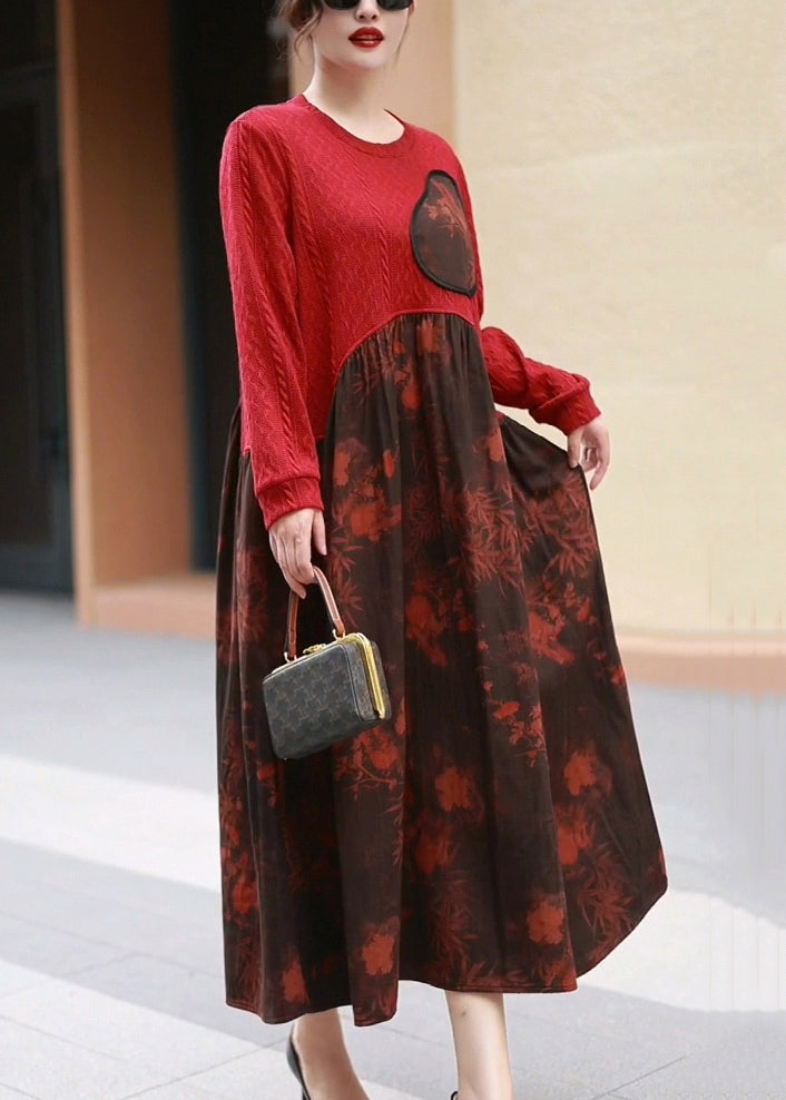 New Red O Neck Print Patchwork Cotton Long Dress Winter