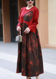 New Red O Neck Print Patchwork Cotton Long Dress Winter