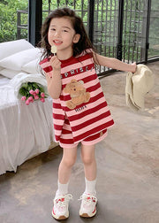 New Red O-Neck Striped Kids Top And Shorts Two Pieces Set Summer