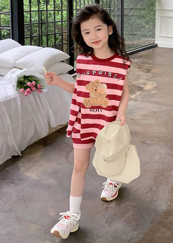 New Red O-Neck Striped Kids Top And Shorts Two Pieces Set Summer