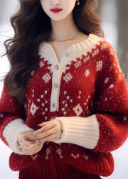 New Red O Neck Thick Print Knitted Sweaters Tops Spring