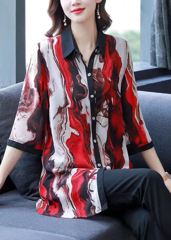 New Red Peter Pan Collar Print Button Patchwork Chiffon Shirts Bracelet Sleeve