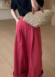 New Red Pockets High Waist Patchwork Cotton Wide Leg Pants Fall