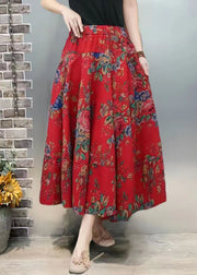 New Red Print Pockets Elastic Waist Cotton Skirt Summer