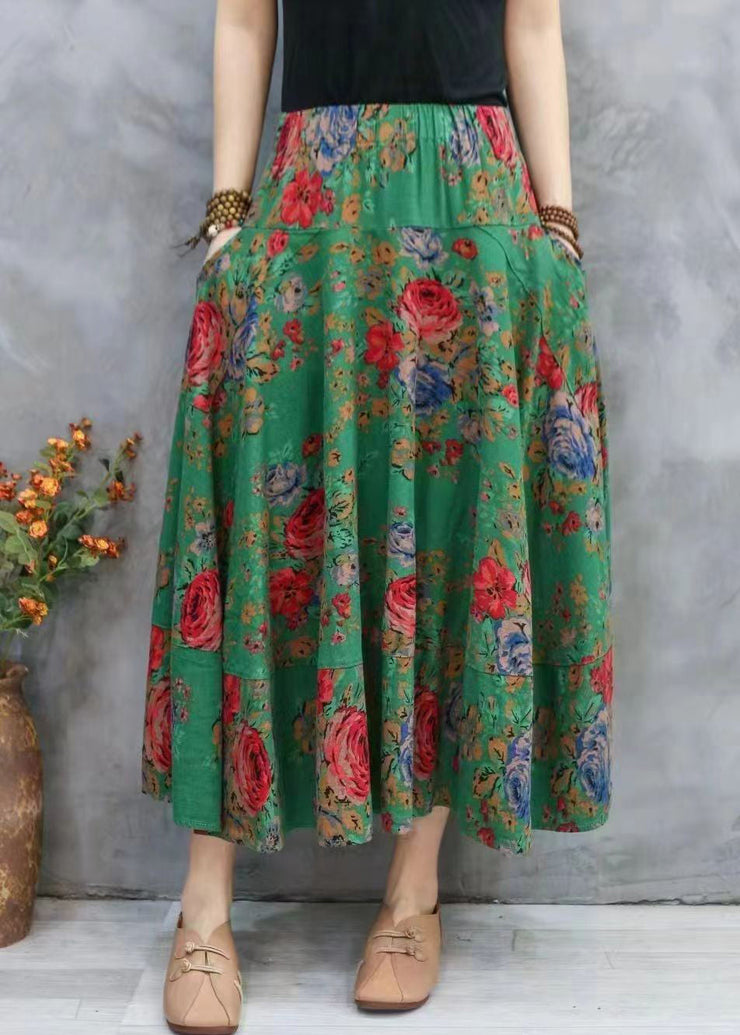 New Red Print Pockets Elastic Waist Cotton Skirt Summer