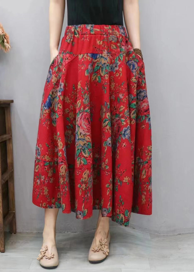 New Red Print Pockets Elastic Waist Cotton Skirt Summer