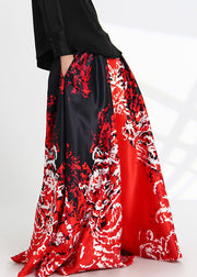 New Red Print Pockets High Waist Silk Skirts Spring