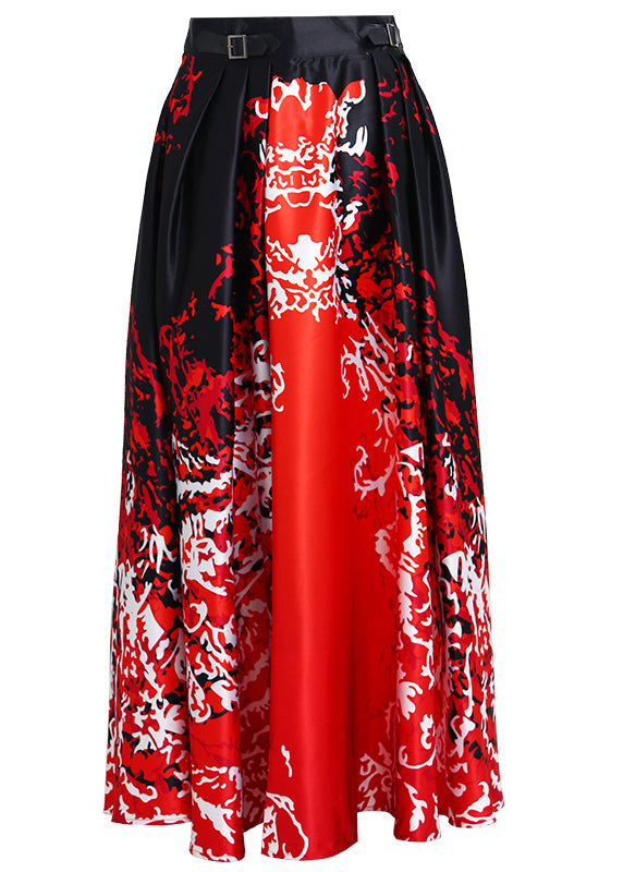 New Red Print Pockets High Waist Silk Skirts Spring