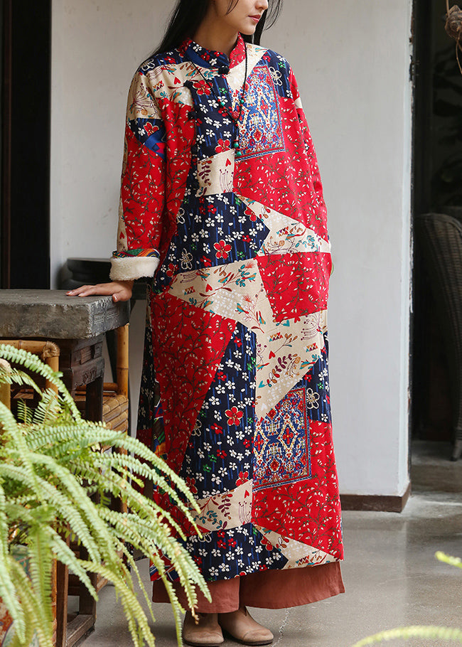 New Red Print Side Open Pockets Warm Fleece Long Dresses Winter