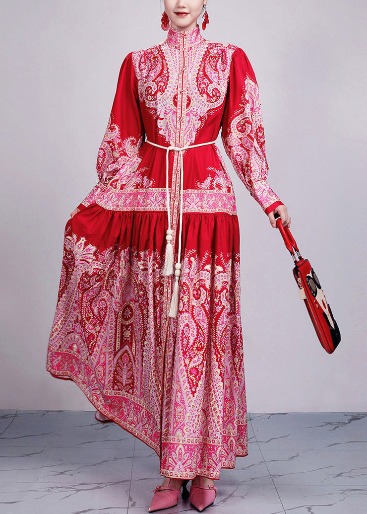 New Red Print Tie Waist Cotton Long Dresses Long Sleeve