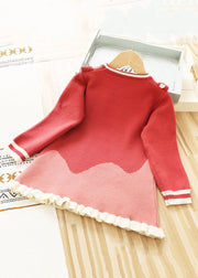 New Red Ruffled Lace Up Knit Kids Sweater Dresses Fall