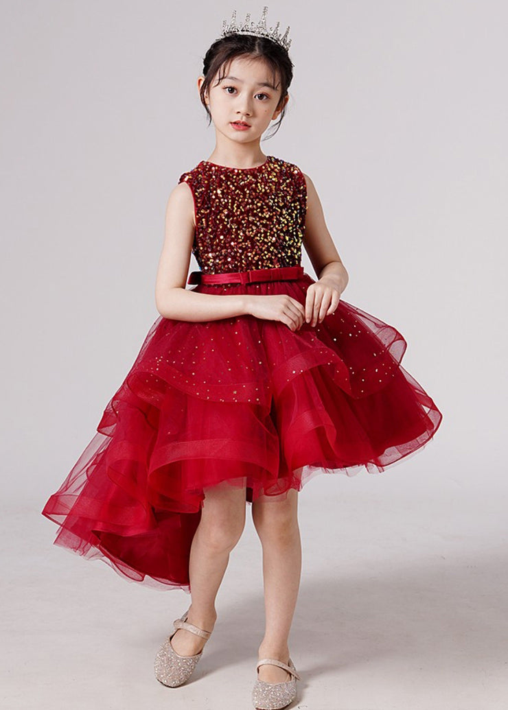 New Red Sequins Low High Design Tulle Girls Holiday Dress Sleeveless