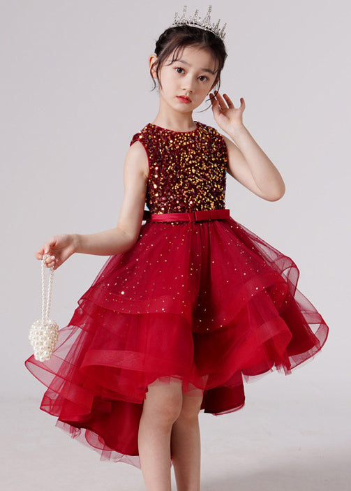 New Red Sequins Low High Design Tulle Girls Holiday Dress Sleeveless