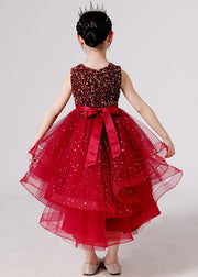 New Red Sequins Low High Design Tulle Girls Holiday Dress Sleeveless