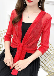 New Red Solid Lace Up Tulle Cardigan Half Sleeve