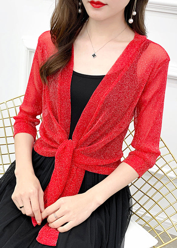 New Red Solid Lace Up Tulle Cardigan Half Sleeve