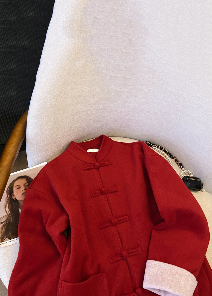 New Red Stand Collar Button Pockets Thick Woolen Coats Winter