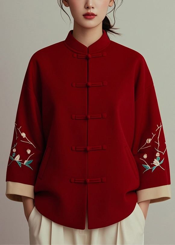 New Red Stand Collar Button Print Cotton Coat Fall