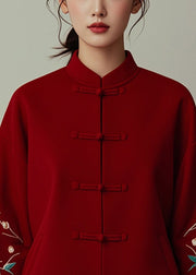 New Red Stand Collar Button Print Cotton Coat Fall