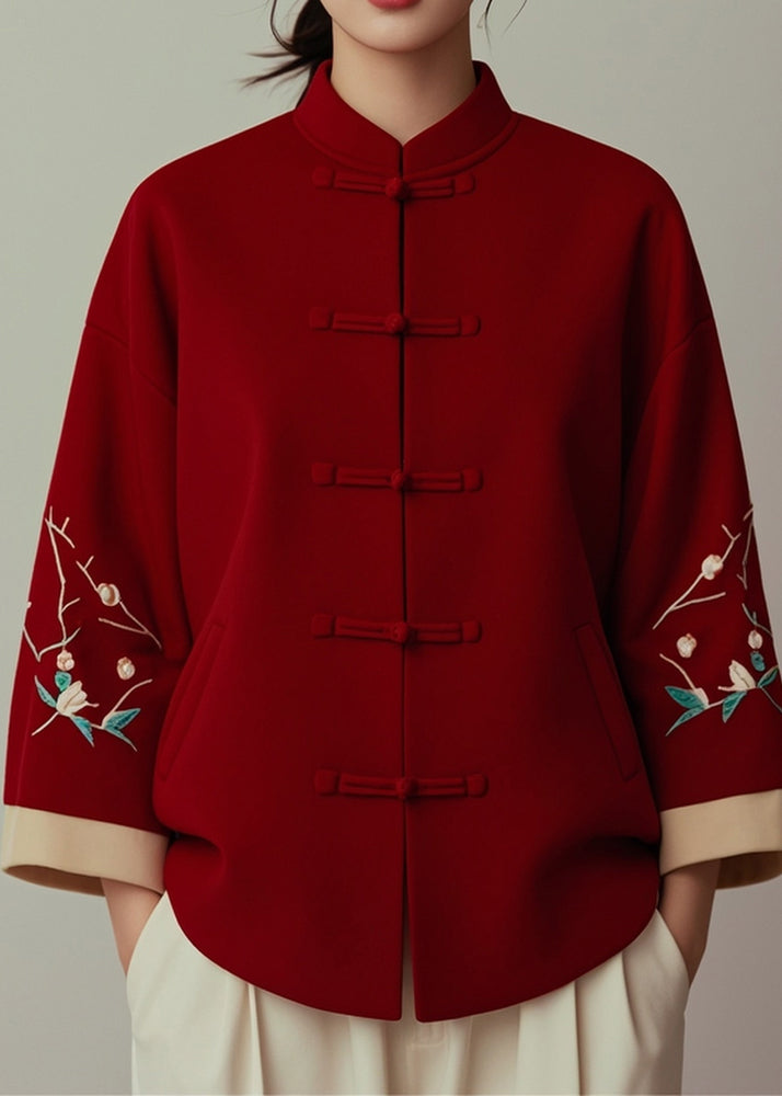 New Red Stand Collar Button Print Cotton Coat Spring