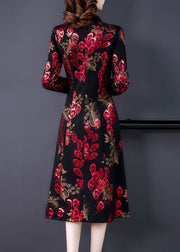 New Red Stand Collar Print Silk Velour Dress Long Sleeve