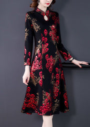 New Red Stand Collar Print Silk Velour Dress Long Sleeve