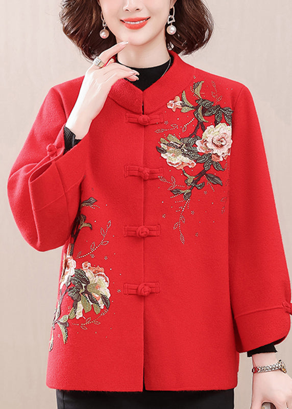 New Red Stand Collar Print Woolen Coats Spring