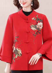 New Red Stand Collar Print Woolen Coats Spring