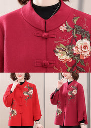 New Red Stand Collar Print Woolen Coats Spring