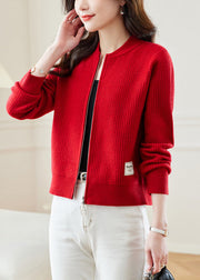 New Red Stand Collar Zip Up Solid Knit Coat Fall