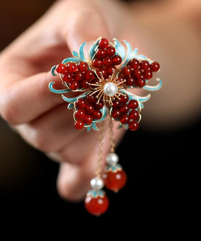 New Red Sterling Silver Overgild Pearl Crystal Tassel Brooches