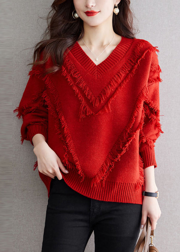 New Red Tasseled Cozy Wool Knit Sweater Fall