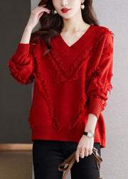 New Red Tasseled Cozy Wool Knit Sweater Fall