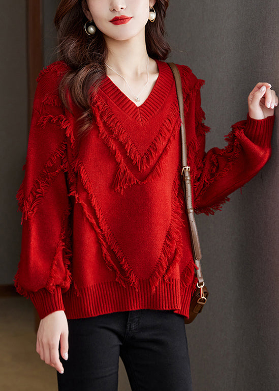 New Red Tasseled Cozy Wool Knit Sweater Fall