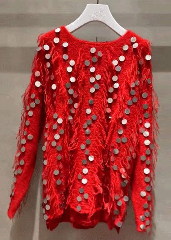 New Red Tasseled Sequins Knit Sweaters Spring