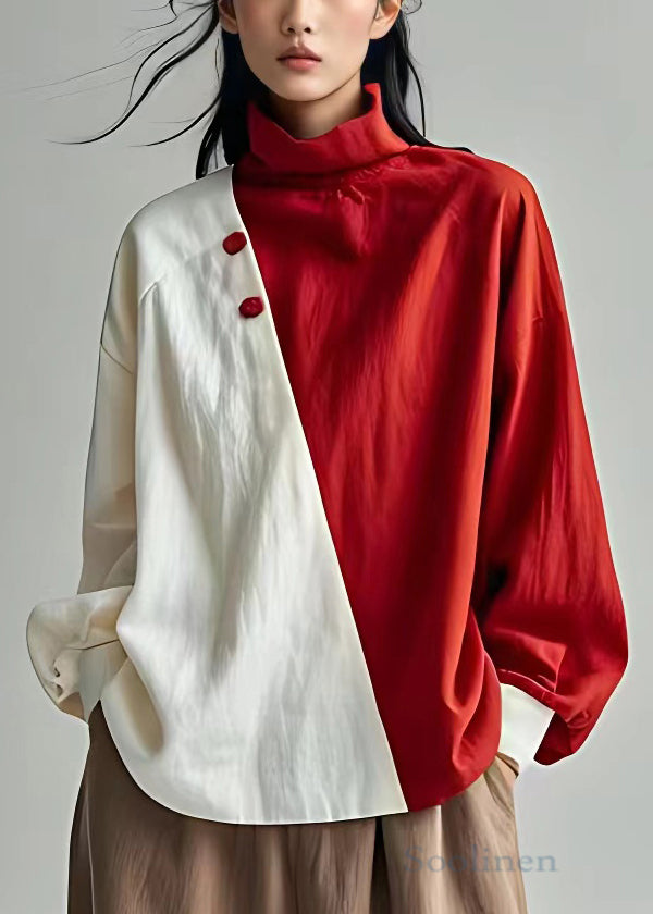 New Red Turtleneck Asymmetrical Cotton Tops Long Sleeve