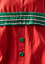 New Red V Neck Button Cotton Shirts Bracelet Sleeve