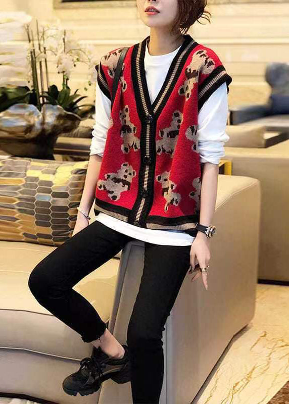 New Red V Neck Cartoon Print Patchwork Knit Vest Sleeveless