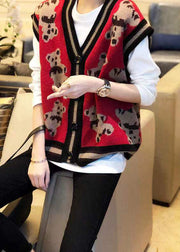 New Red V Neck Cartoon Print Patchwork Knit Vest Sleeveless