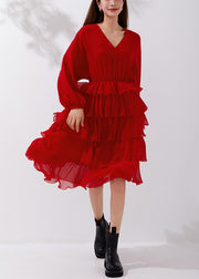 New Red V Neck Elastic Waist Chiffon Pleated Dresses Fall