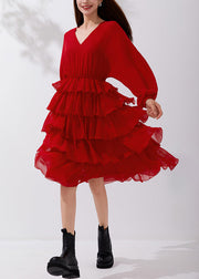 New Red V Neck Elastic Waist Chiffon Pleated Dresses Fall