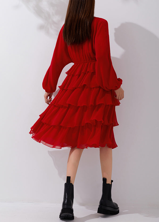 New Red V Neck Elastic Waist Chiffon Pleated Dresses Fall