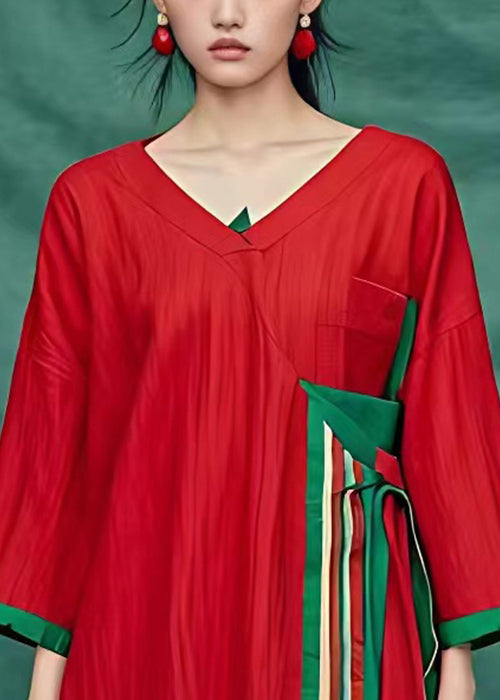 New Red V Neck Patchwork Cotton Shirts Bracelet Sleeve