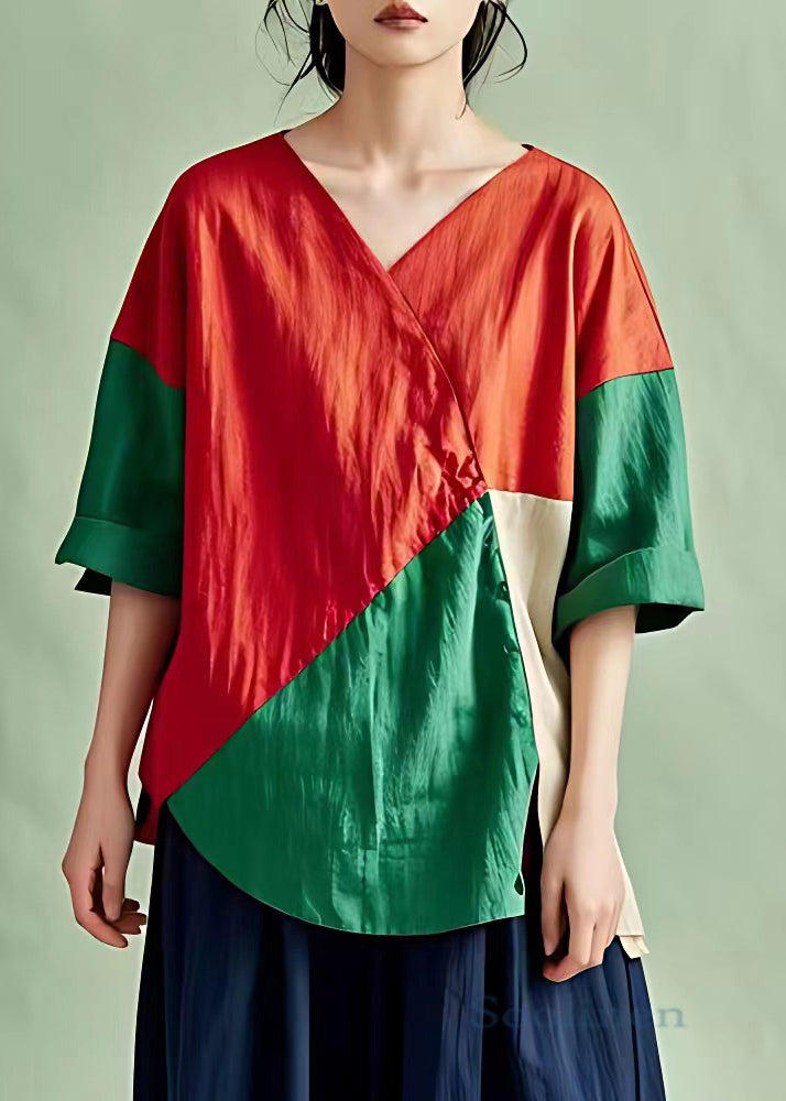 New Red V Neck Patchwork Cotton T Shirt Half Sleeve