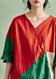 New Red V Neck Patchwork Cotton T Shirt Half Sleeve