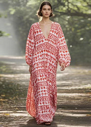 New Red V Neck Print Oversized Long Dresses Spring