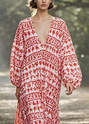 New Red V Neck Print Oversized Long Dresses Spring