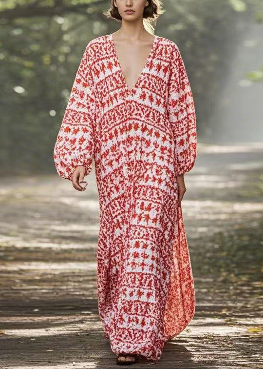 New Red V Neck Print Oversized Long Dresses Spring